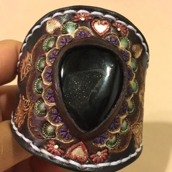 Hand Tooled Leather Bracelet w/ Black Onyx & Druzy Inlay Boho Chic Festival - Picture 5 of 13